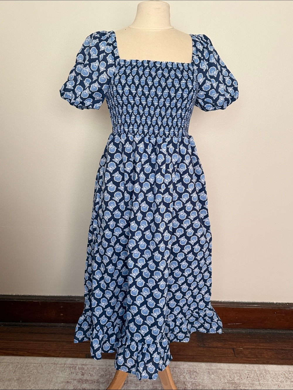 J. Crew Factory Navy and Light Blue Floral Smocked Midi Dress